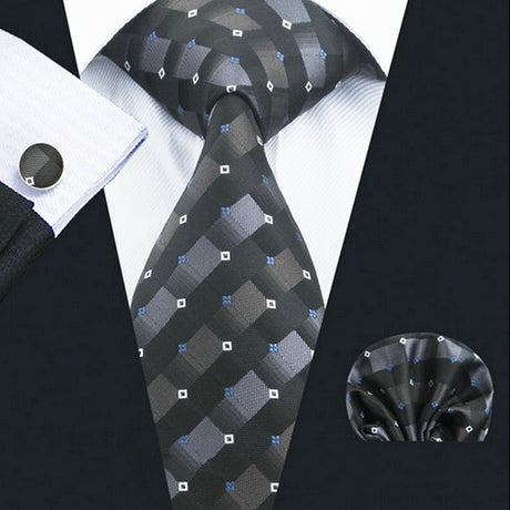 Mens Blue black Neck Tie Pocket Square Cufflinks Gift Set 1712