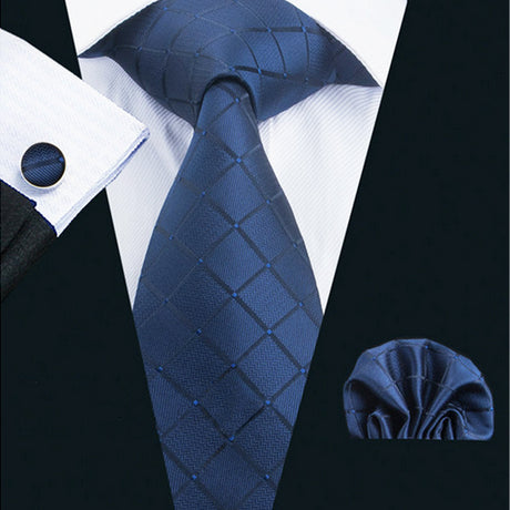 Mens Blue Neck Tie Pocket Square Cufflinks Gift Set 1656