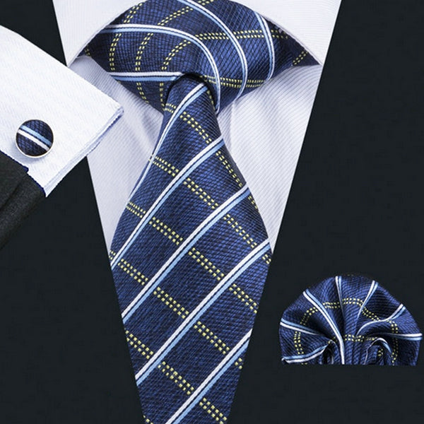 Mens Blue Neck Tie Pocket Square Cufflinks Gift Set 1673