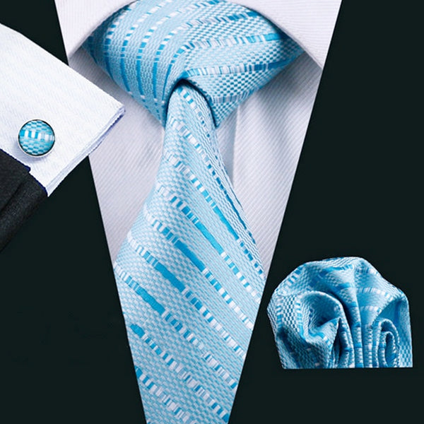 Mens Blue Neck Tie Pocket Square Cufflinks Gift Set 703