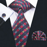 Mens Blue red Neck Tie Pocket Square Cufflinks Gift Set 1665