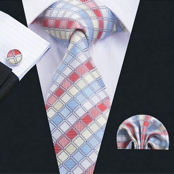 Mens Blue red Neck Tie Pocket Square Cufflinks Gift Set 1715