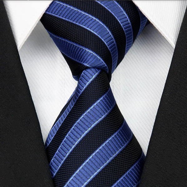 Mens Dark Blue with Light Blue Striped Necktie, Wide Width - Gifts Are Blue - 1