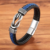 Mens Fashion Leather Bracelet with Stainless Steel - Blue - Gifts for Him - Vintage Style - Close Up
