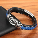 Mens Fashion Leather Bracelet with Stainless Steel - Blue - Gifts for Him - Vintage Style - Flat