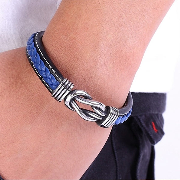 Mens Fashion Leather Bracelet with Stainless Steel - Blue - Gifts for Him - Vintage Style - Model