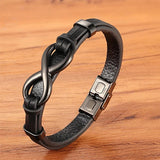 Mens Infinity Leather Bracelet with Stainless Steel - Close Up - Black