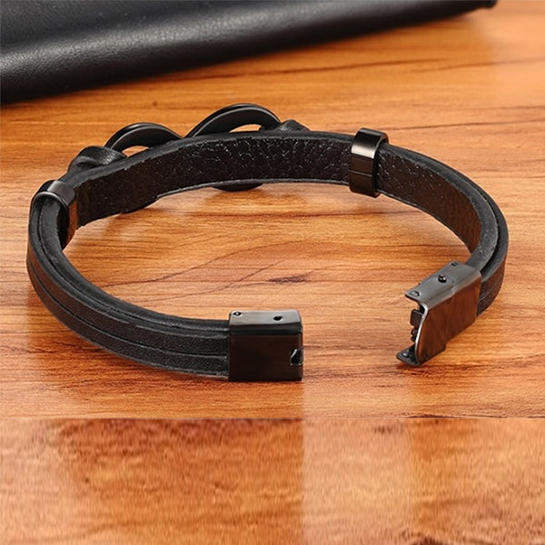 Mens Infinity Leather Bracelet with Stainless Steel - Open - Black