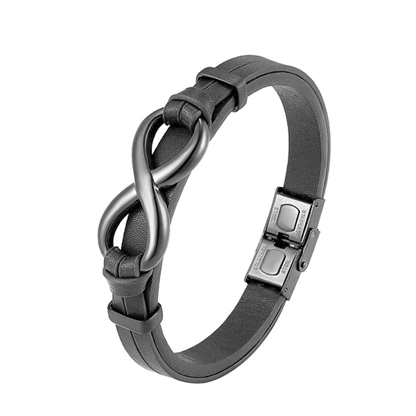 Mens Infinity Leather Bracelet with Stainless Steel - Main - Black
