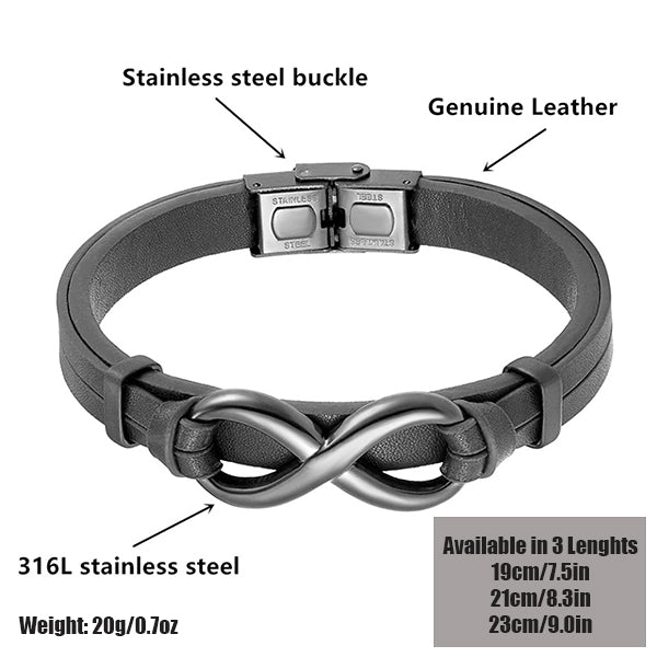 Mens Infinity Leather Bracelet with Stainless Steel - Details - Black