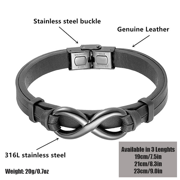 Men's Infinity Leather Bracelet - Genuine Leather & Stainless Steel, 3 Sizes Available