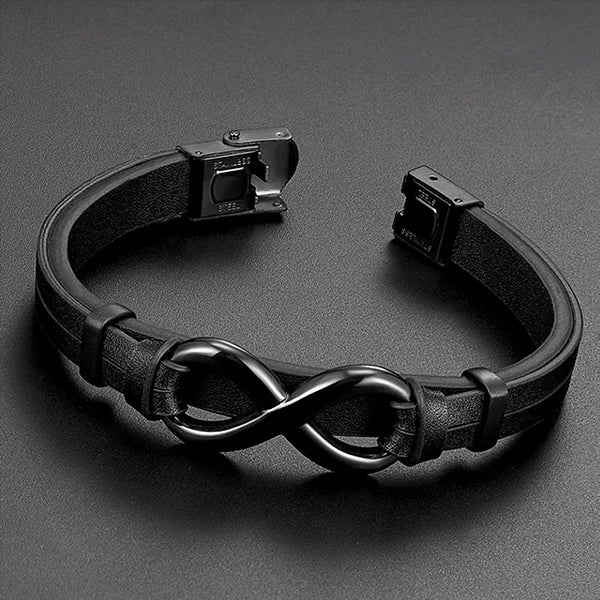 Mens Infinity Leather Bracelet with Stainless Steel - Alt - Black