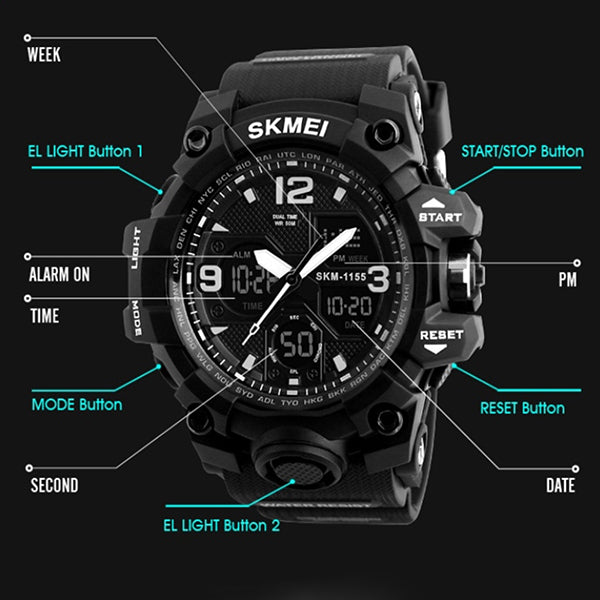 SKMEI Mens Military Waterproof Dual Display Watch with Gift Box, Features. all SKUs