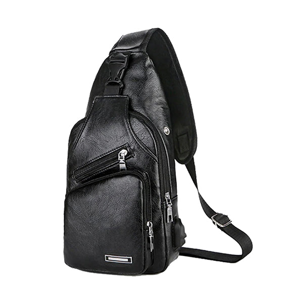 Mens Crossbody Bag with USB Charging Plug & Interface - Versatile Split Leather Sling Bag - Side View- Black