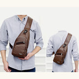 Mens Crossbody Bag with USB Charging Plug & Interface - Versatile Split Leather Sling Bag - Model - Dark Brown
