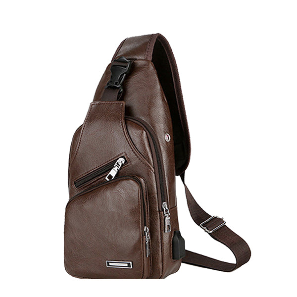 Mens Crossbody Bag with USB Charging Plug & Interface - Versatile Split Leather Sling Bag - Sideview - Dark Brown