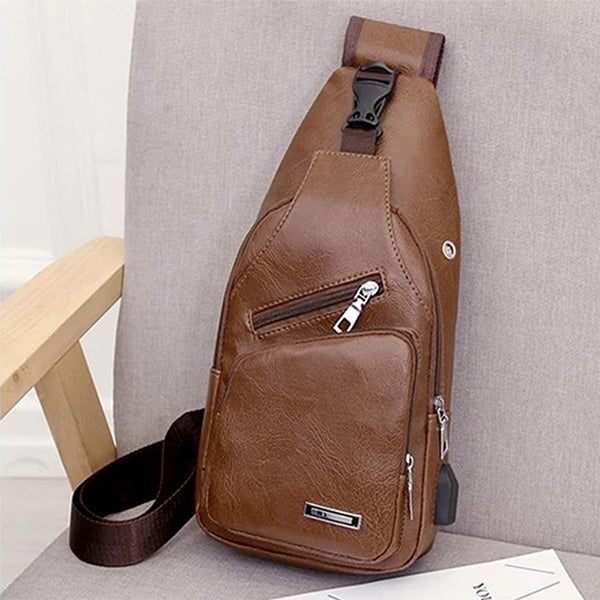 Mens Crossbody Bag with USB Charging Plug & Interface - Versatile Split Leather Sling Bag - Alt View - Light Brown