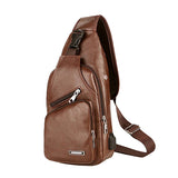 Mens Crossbody Bag with USB Charging Plug & Interface - Versatile Split Leather Sling Bag - Sideview - Light Brown