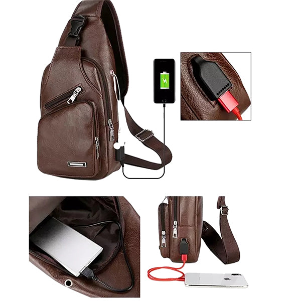 Mens Crossbody Bag with USB Charging Plug & Interface - Versatile Split Leather Sling Bag - USB - all SKUs