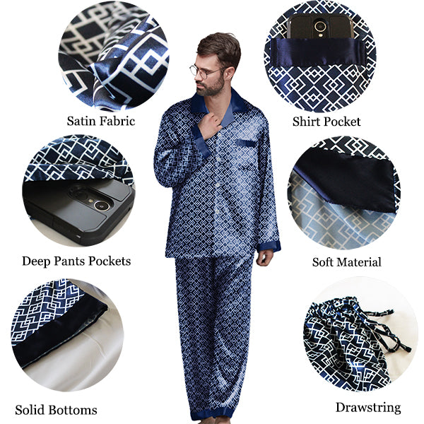 Men's Regular and Big & Tall Satin 2pc Pajama Set with Button Down, Drawstring & Pockets - Long Sleeve Sleepwear PJs; Blue