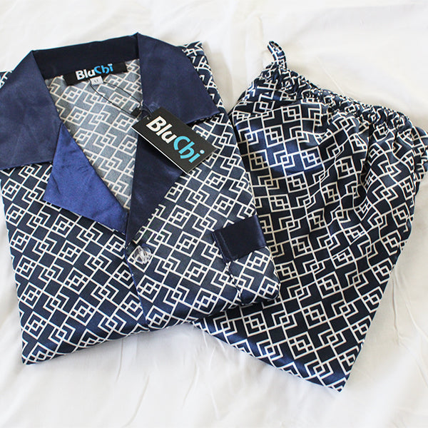 Men's Regular and Big & Tall Satin 2pc Pajama Set with Button Down, Drawstring & Pockets - Long Sleeve Sleepwear PJs; Blue