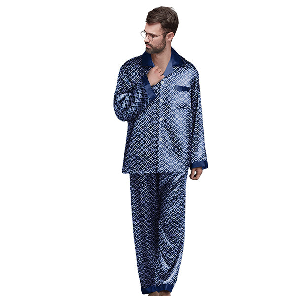 Men's Regular and Big & Tall Satin 2pc Pajama Set with Button Down, Drawstring & Pockets - Long Sleeve Sleepwear PJs; Blue