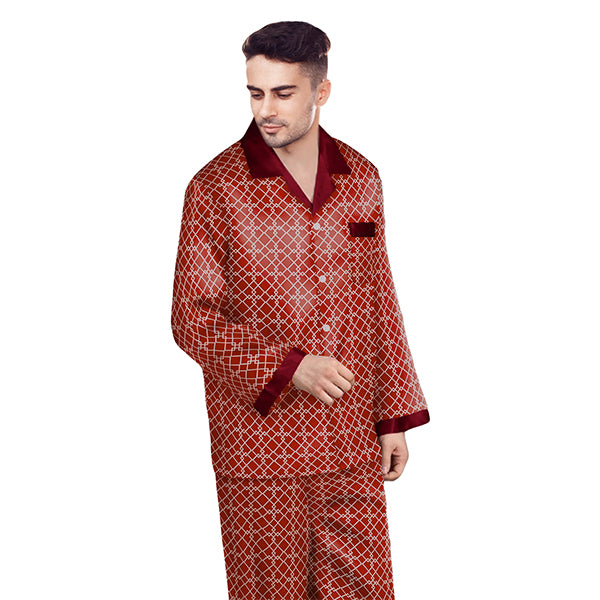 Men's Regular and Big & Tall Satin 2pc Pajama Set with Button Down, Drawstring & Pockets - Long Sleeve Sleepwear PJs; Red