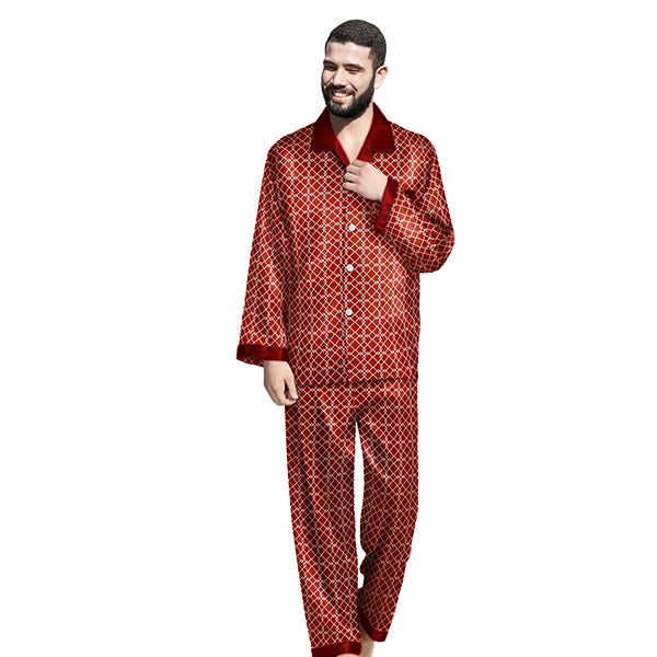 Men's Regular and Big & Tall Satin 2pc Pajama Set with Button Down, Drawstring & Pockets - Long Sleeve Sleepwear PJs; Red