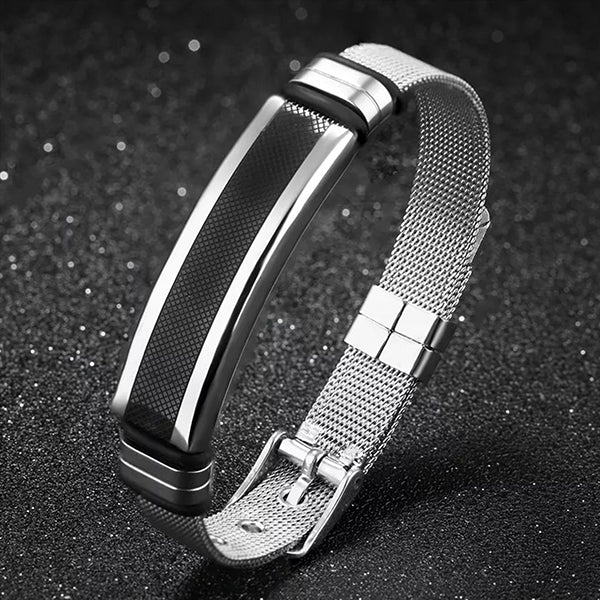 Mens Stainless Steel Bracelet with Bar - Black - Minimalist Design - Alt - Black/Silver