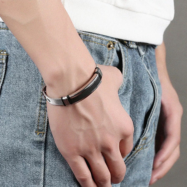 Mens Stainless Steel Bracelet with Bar - Black - Minimalist Design - Model- Black/Silver
