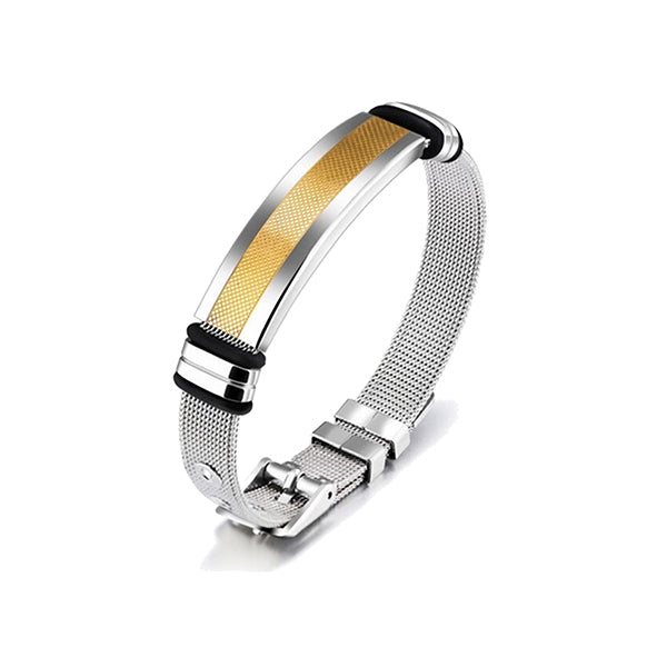 Mens Stainless Steel Bracelet with Bar - Gold - Minimalist Design - Main - Gold/Silver