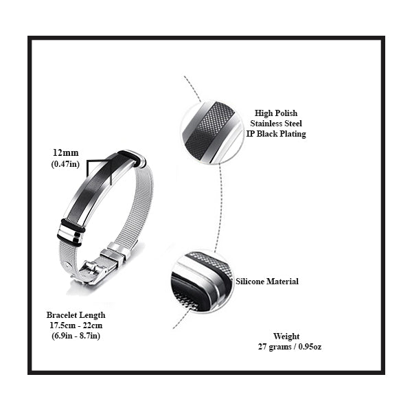 Mens Stainless Steel Bracelet with Bar - Black - Minimalist Design - Details - Black/Silver