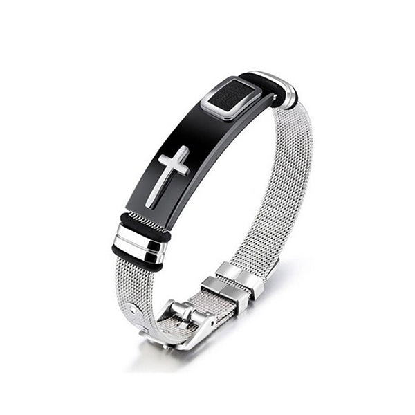 Mens Stainless Steel Bracelet with Cross - Mesh Adjustable Band with Buckle Clasp - Main - Black/Silver