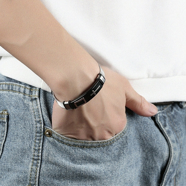Mens Stainless Steel Bracelet with Cross - Mesh Adjustable Band with Buckle Clasp - Model - Black/Silver