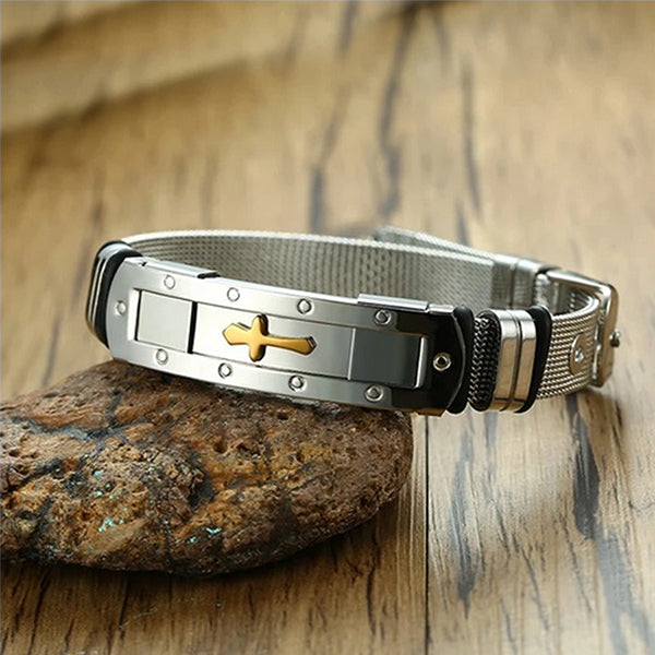 Mens Stainless Steel Bracelet with Cross - Mesh Adjustable Band with Buckle Clasp - Wood View - Gold/Silver
