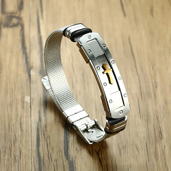 Mens Stainless Steel Bracelet with Cross - Mesh Adjustable Band with Buckle Clasp - Alt Look - Gold/Silver