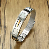 Mens Stainless Steel Bracelet with Christian Cross - Mesh Adjustable Band with Buckle Clasp - Alt View - Gold/Silver