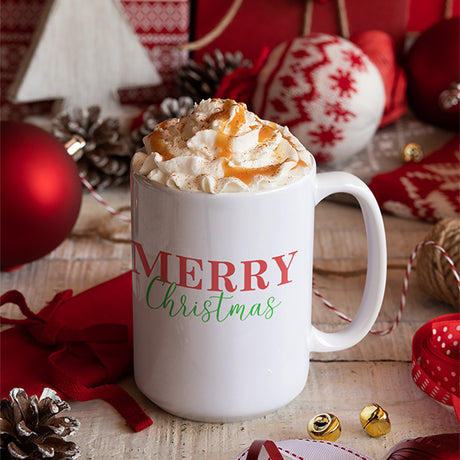 Christmas Coffe Mug with minimalist design in red and green font for the holiday.