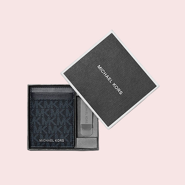 Michael Kors Outlet Logo Card Case with Bill Clip in Blue Michael Kors Outlet Logo Card Case with Bill Clip in Blue