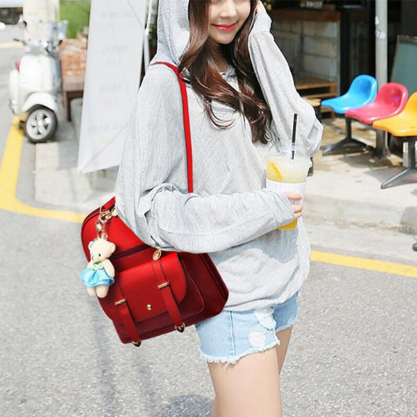 College Student Vintage Backpack with Charm, Model, Red