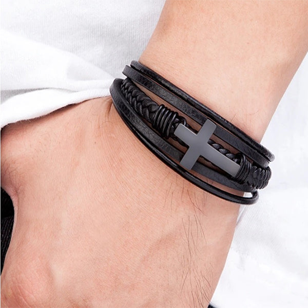 Multi Layer Mens Bracelet With Cross - Genuine Leather - Gift for Him - Model - Black/Black 