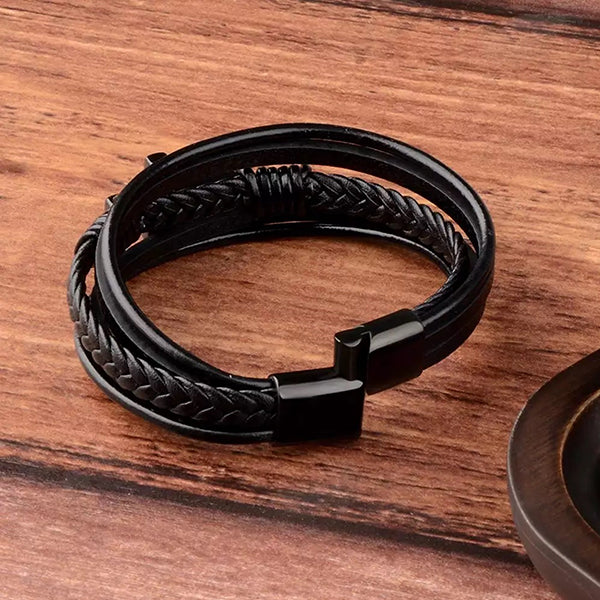 Multi Layer Mens Bracelet With Cross - Genuine Leather - Gift for Him - Open - Black/Black 