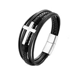 Multi Layer Mens Bracelet With Cross - Genuine Leather - Gift for Him - Main - Silver/Black