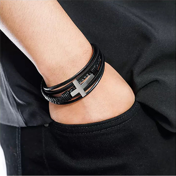 Multi Layer Mens Bracelet With Cross - Genuine Leather - Gift for Him - Model - Silver/Black