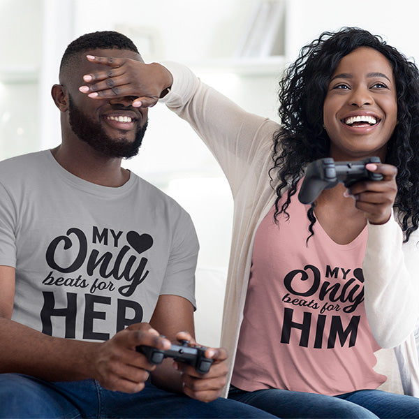 Such romantic couple shirts with the print My Heart Only Beats For on the front.  Great Valentine Shirt for Couples but can be worn throughout the year on date night, couples night, vacation, cruises, marriage retreat and more.  all SKUS