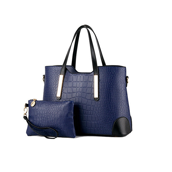 Womens Croc Embossed Blue Handbag Set
