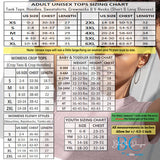 BluChi tops sizing chart for unisex, baby, toddler, youth and womens wear.  This includes crewnecks, tanktops, vnecks, hoodies, sweatshirts, crop tops, onesies and more. All SKUs
