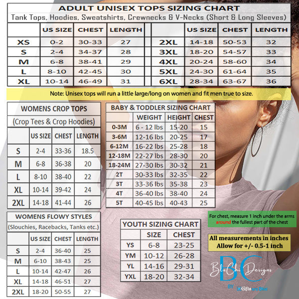 BluChi tops sizing chart for unisex, baby, toddler, youth and womens wear.  This includes crewnecks, tanktops, vnecks, hoodies, sweatshirts, crop tops, onesies and more. allSKUs