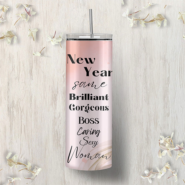 Our New Year Tumbler for Woman is designed with beautiful rose gold, beige coloring in an elegant style that is great for the professional woman.