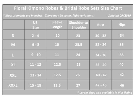 Floral Kimono Robe Size Chart, all SKUs